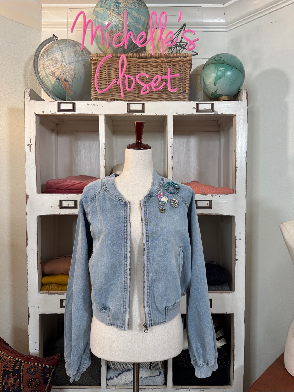 Steve Madden Denim Bomber Jacket with 3vintage brooches